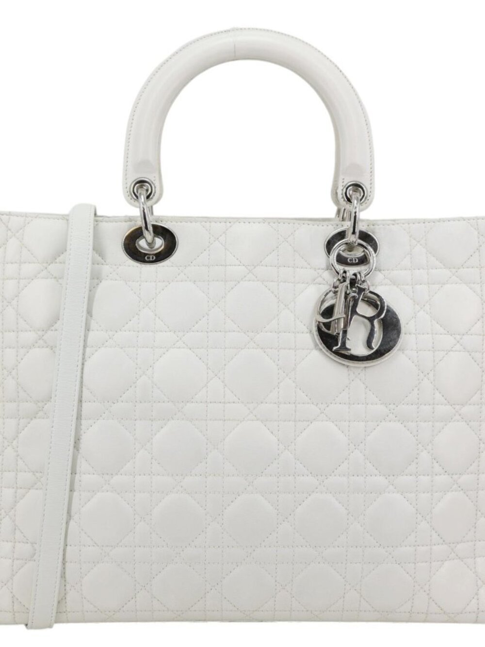 Christian Dior Lady Dior Large Cannage Quilted Lambskin Leather Shoulder Bag Wh